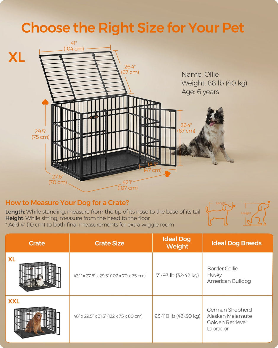 Heavy-Duty Dog Crate – Metal – Ink Black – Removable Top Door and Tray, Double Doors, Easy Cleaning