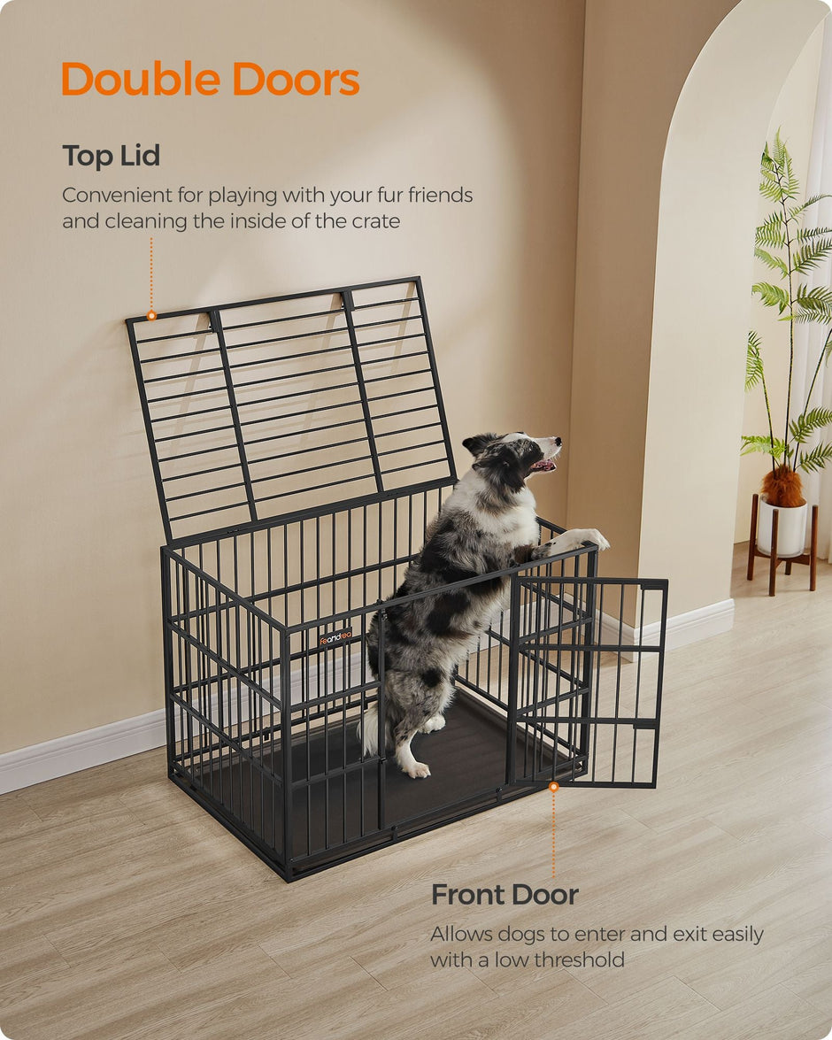 Heavy-Duty Dog Crate – Metal – Ink Black – Removable Top Door and Tray, Double Doors, Easy Cleaning