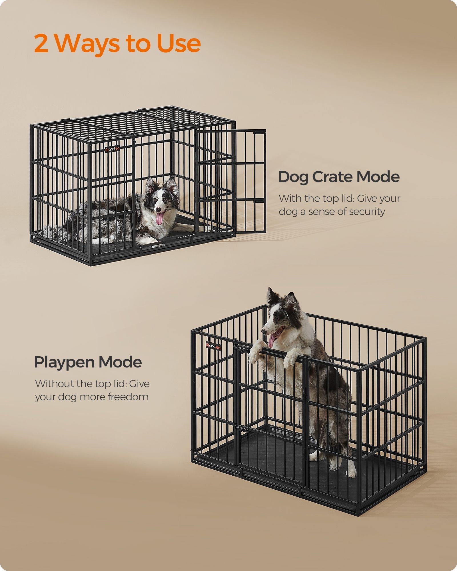 Heavy-Duty Dog Crate – Metal – Ink Black – Removable Top Door and Tray, Double Doors, Easy Cleaning