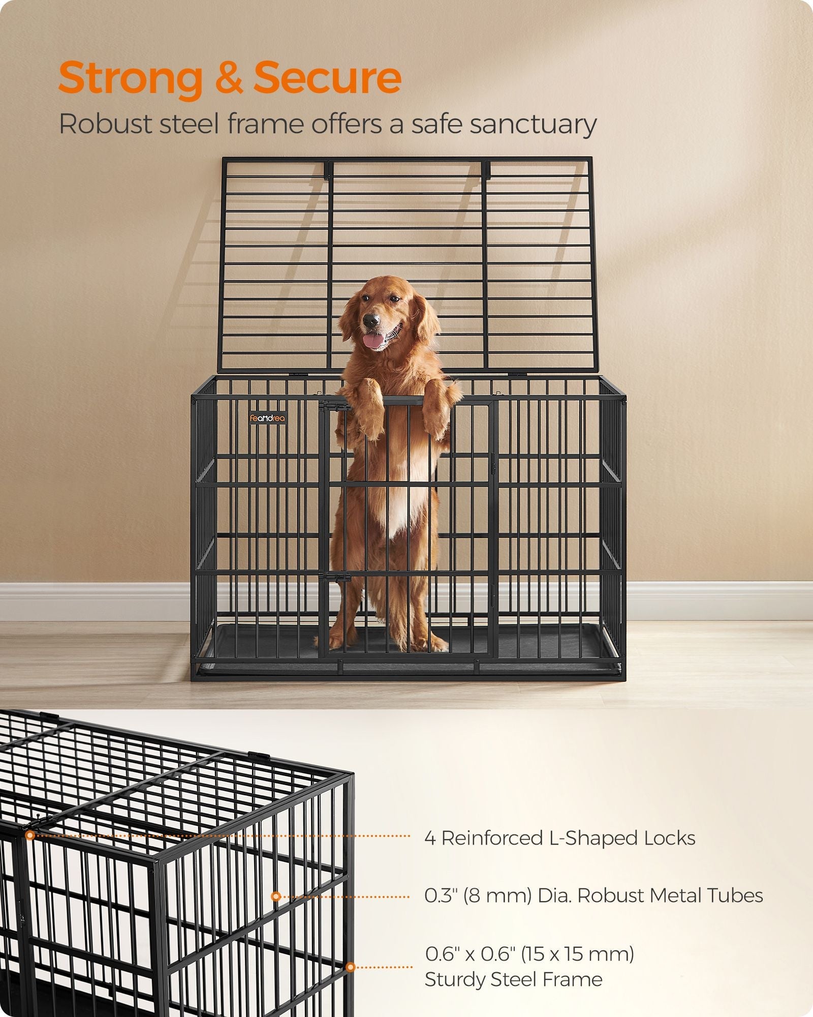 Heavy-Duty Dog Crate – Steel – Ink Black – Removable Top Door and Tray, Double Doors, Easy Cleaning