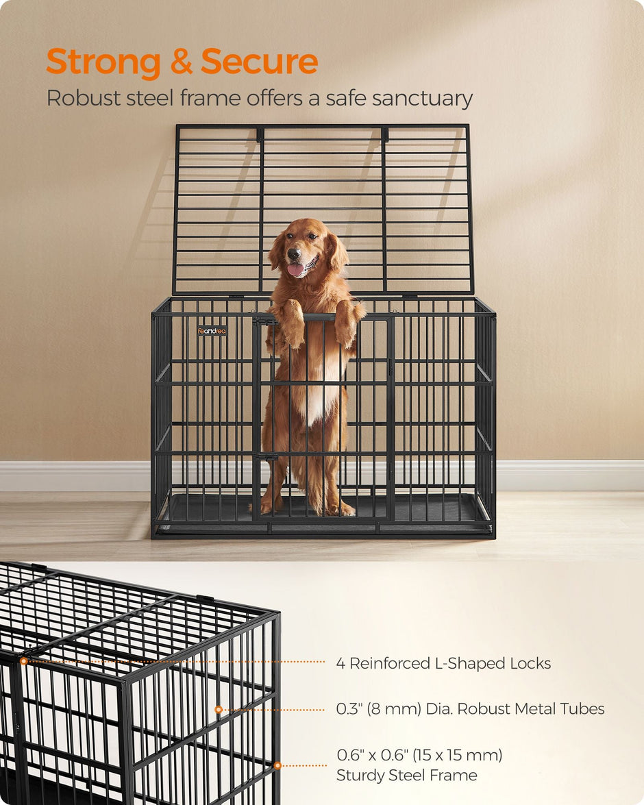 Heavy-Duty Dog Crate – Steel – Ink Black – Removable Top Door and Tray, Double Doors, Easy Cleaning
