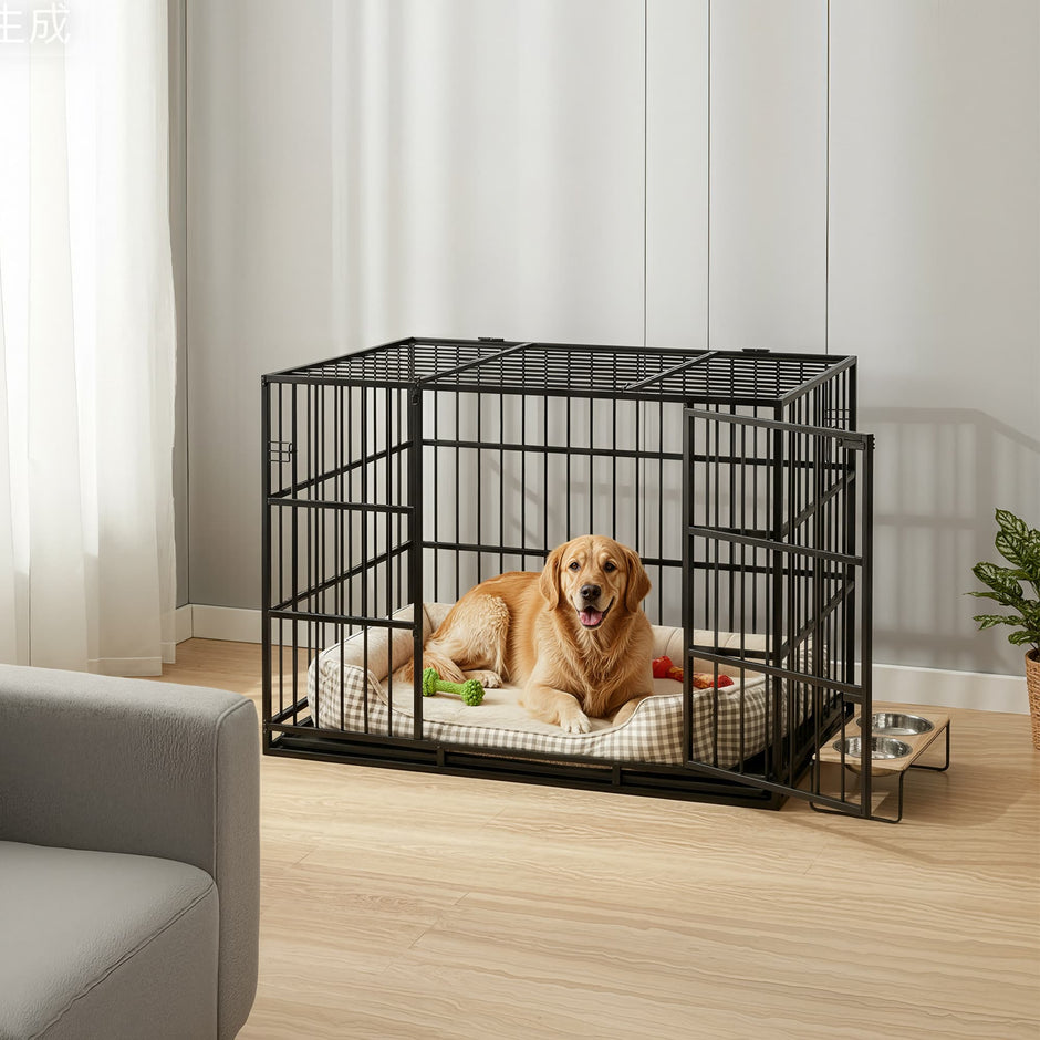 Dog Kennel – Heavy-Duty Metal – Black – Detachable Top with Double Doors