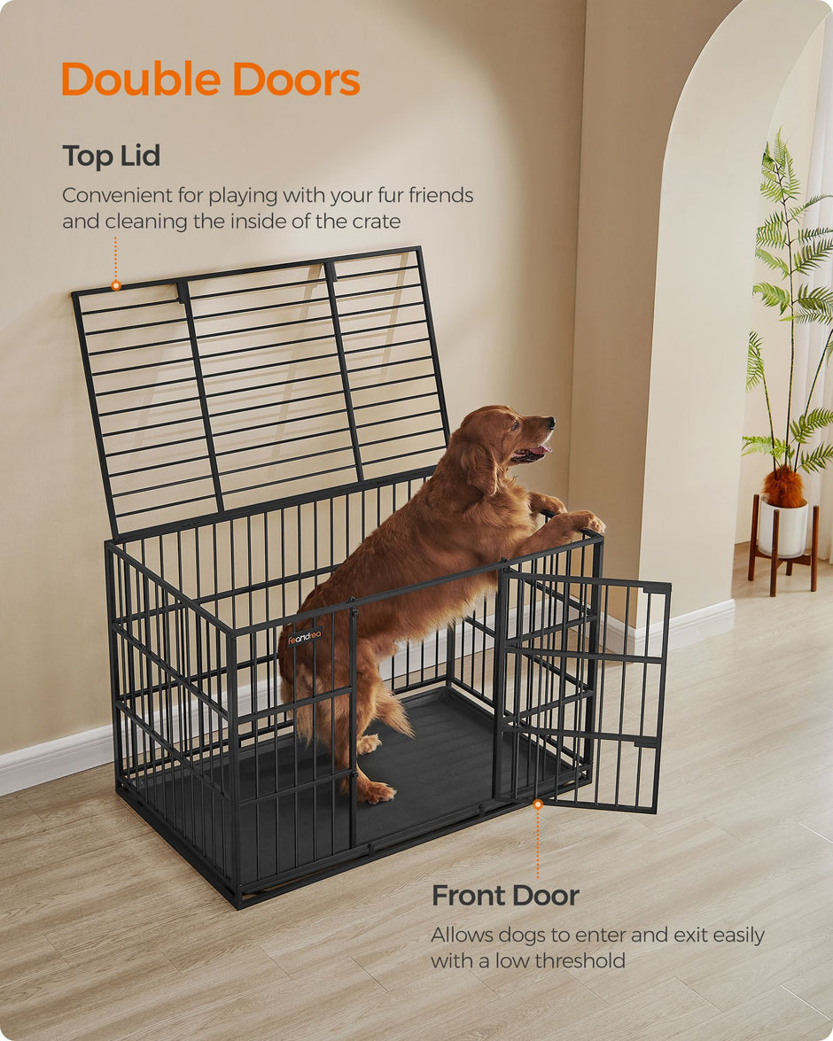 Heavy-Duty Dog Crate – Steel – Ink Black – Removable Top Door and Tray, Double Doors, Easy Cleaning