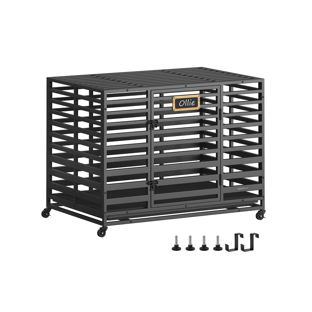 Heavy-Duty Dog Crate Cage – Metal – Ink Black – Expandable with Removable Tray and Lockable Wheels
