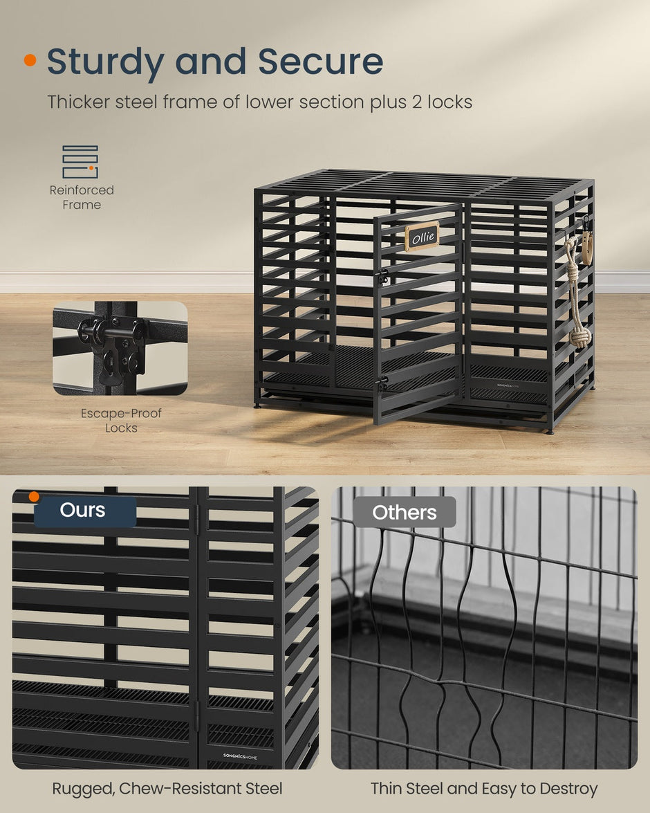 Heavy-Duty Dog Crate Cage – Metal – Ink Black – Expandable with Removable Tray and Lockable Wheels