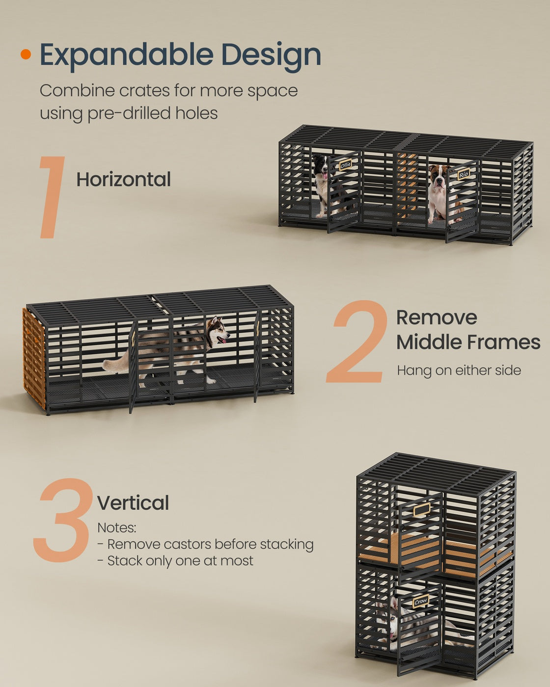 Heavy-Duty Dog Crate Cage – Metal – Ink Black – Expandable with Removable Tray and Lockable Wheels