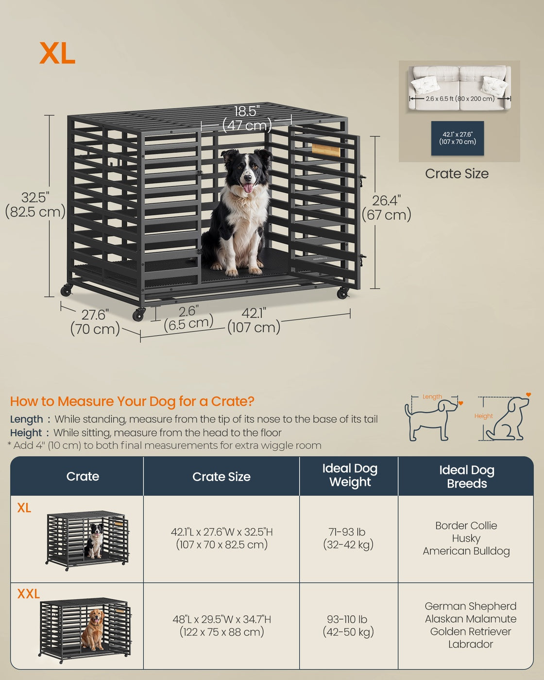 Heavy-Duty Dog Crate Cage – Metal – Ink Black – Expandable with Removable Tray and Lockable Wheels