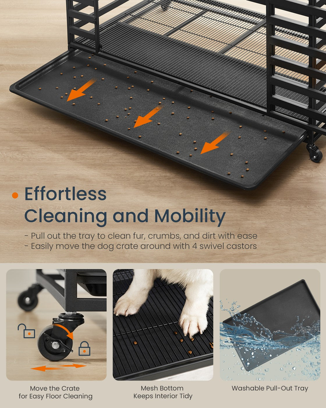 Heavy-Duty Dog Crate Cage – Metal – Ink Black – Expandable with Removable Tray and Lockable Wheels