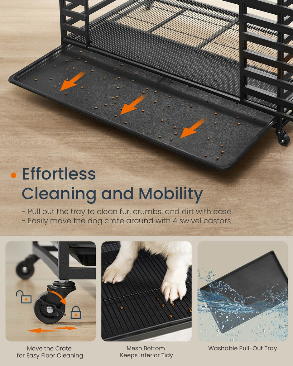 Heavy-Duty Dog Crate Cage – Metal – Ink Black – Expandable with Removable Tray and Lockable Wheels
