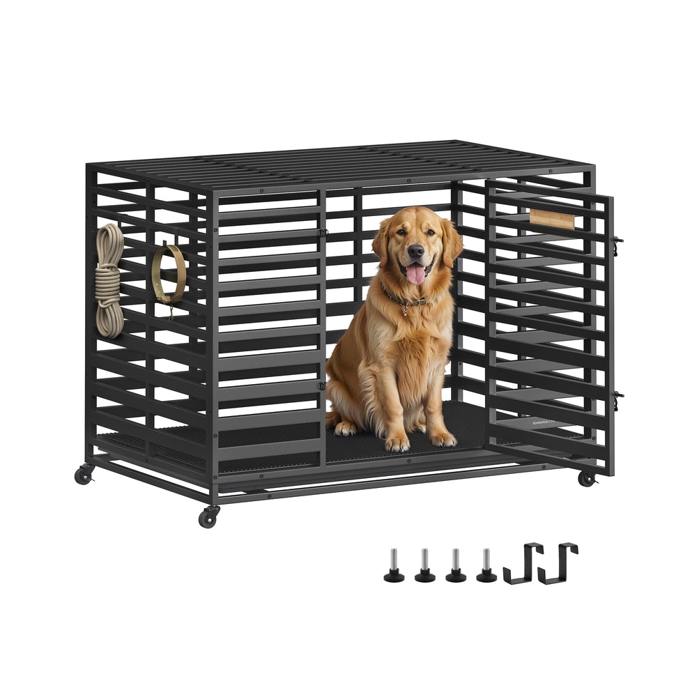 Heavy-Duty Dog Crate Cage – Metal – Ink Black – Expandable with Removable Tray and Lockable Wheels