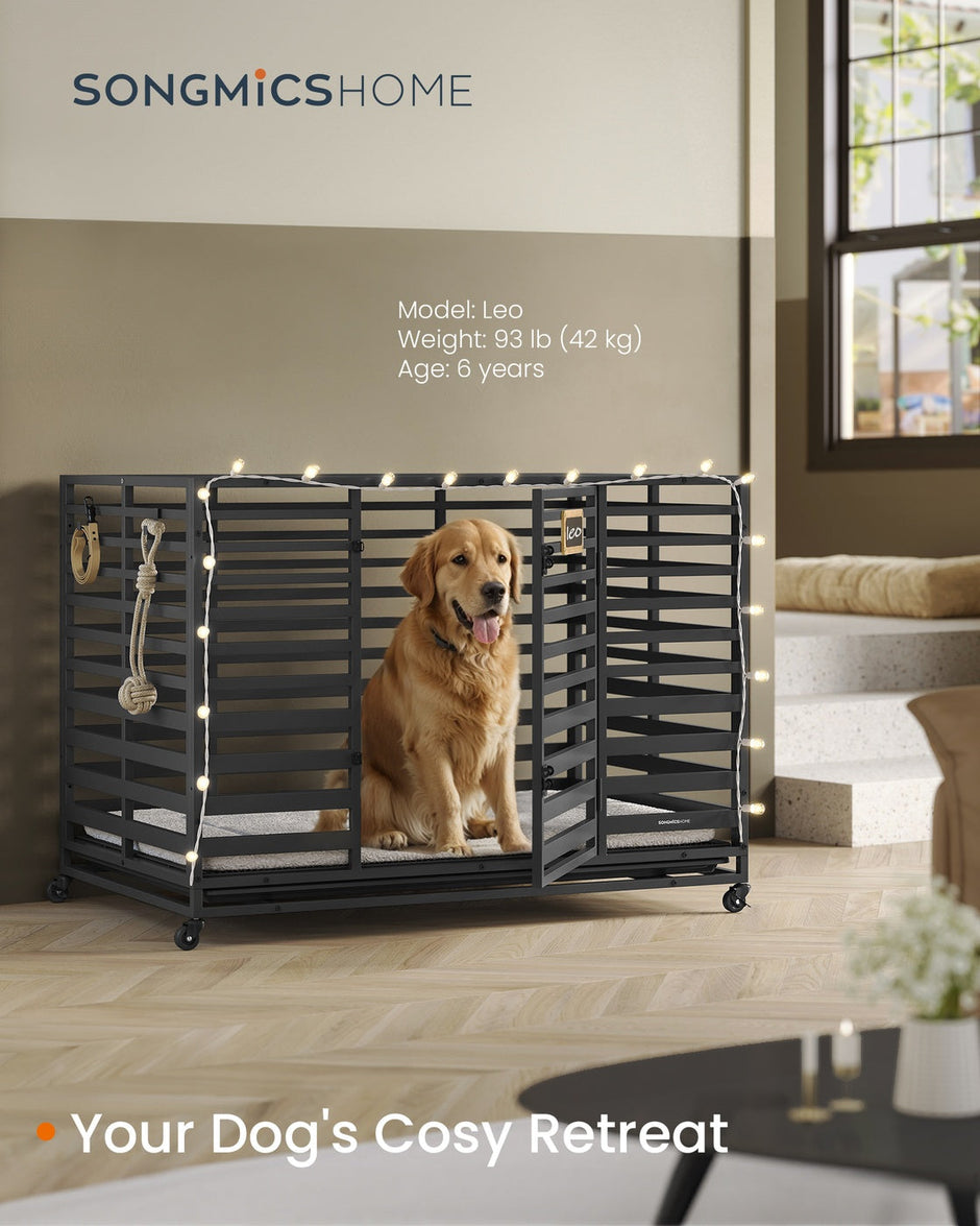Heavy-Duty Dog Crate Cage – Metal – Ink Black – Expandable with Removable Tray and Lockable Wheels