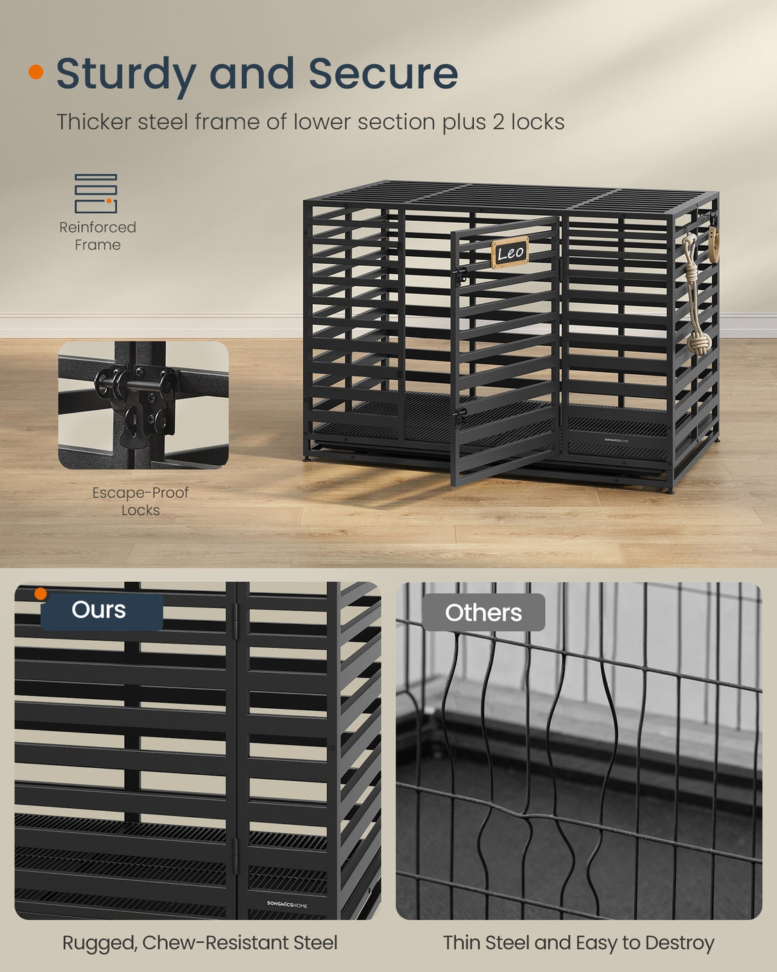 Heavy-Duty Dog Crate Cage – Metal – Ink Black – Expandable with Removable Tray and Lockable Wheels
