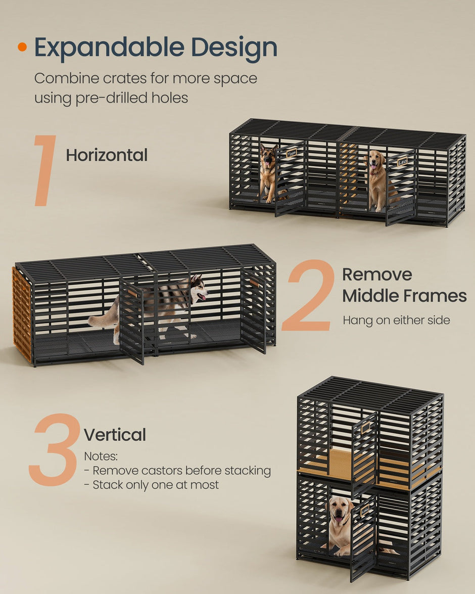 Heavy-Duty Dog Crate Cage – Metal – Ink Black – Expandable with Removable Tray and Lockable Wheels