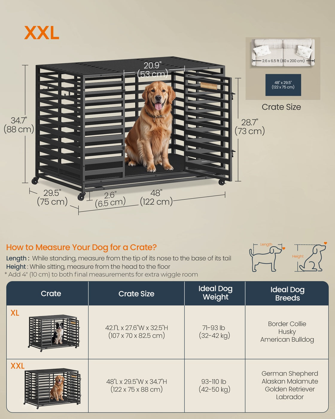Heavy-Duty Dog Crate Cage – Metal – Ink Black – Expandable with Removable Tray and Lockable Wheels