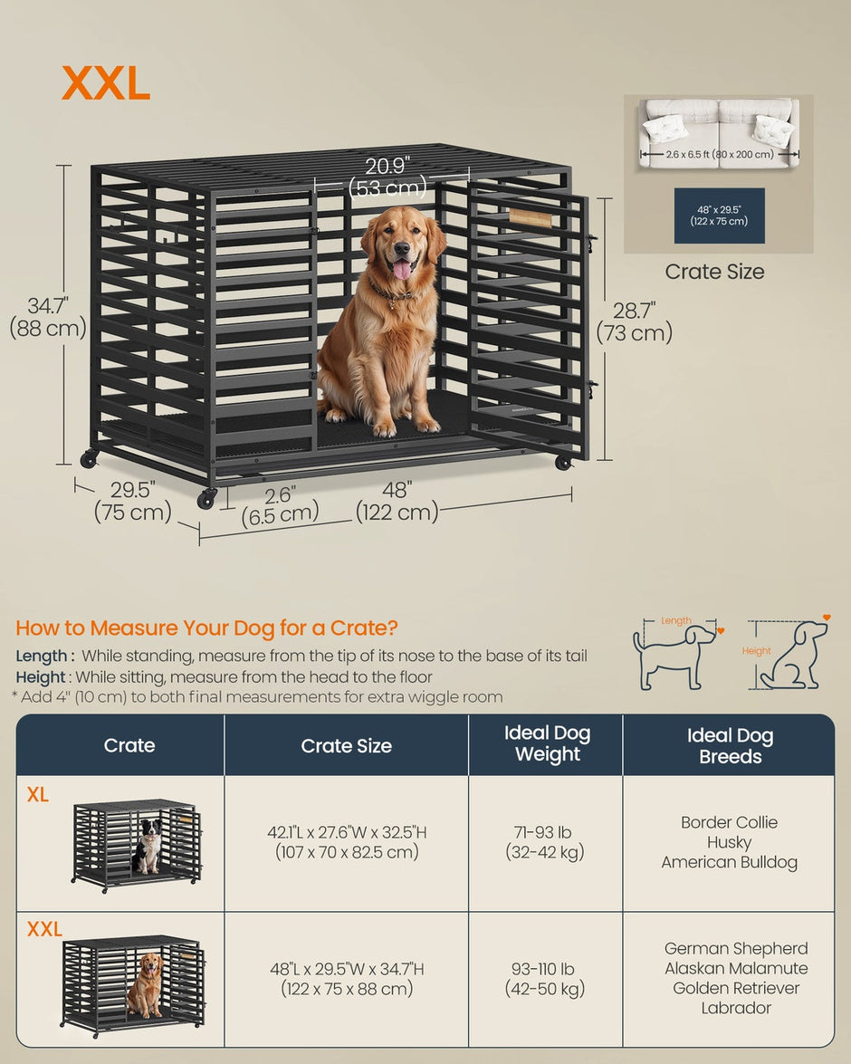 Heavy-Duty Dog Crate Cage – Metal – Ink Black – Expandable with Removable Tray and Lockable Wheels