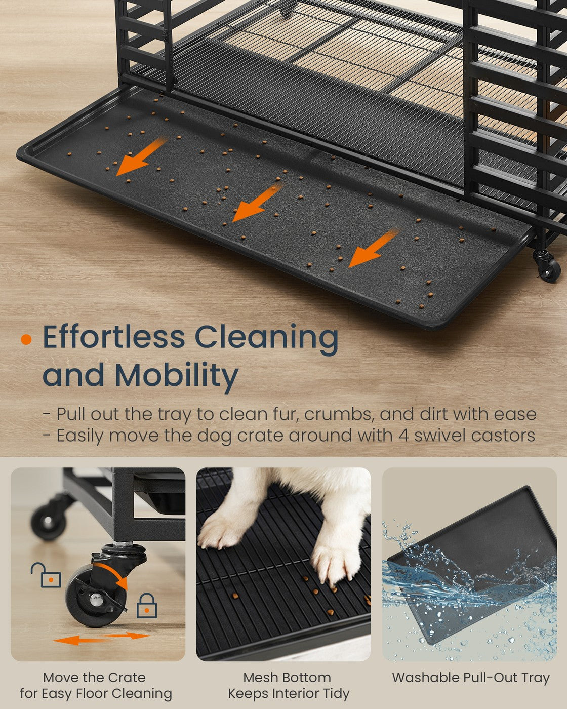 Heavy-Duty Dog Crate Cage – Metal – Ink Black – Expandable with Removable Tray and Lockable Wheels