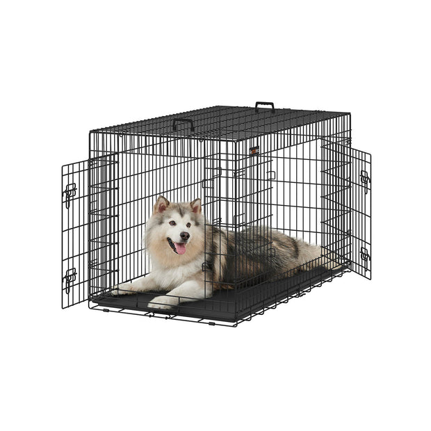 Dog Cage – Metal – Black – Folding Design with Two Doors and Removable Tray