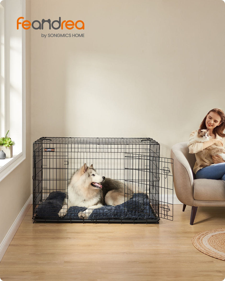 Foldable Dog Crate – Metal – Ink Black – 2 Doors with Tray, XXXL 106 x 77.5 x 70 cm