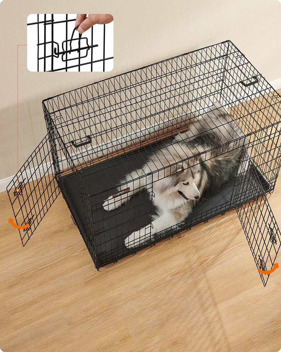 Dog Cage – Metal – Black – Folding Design with Two Doors and Removable Tray