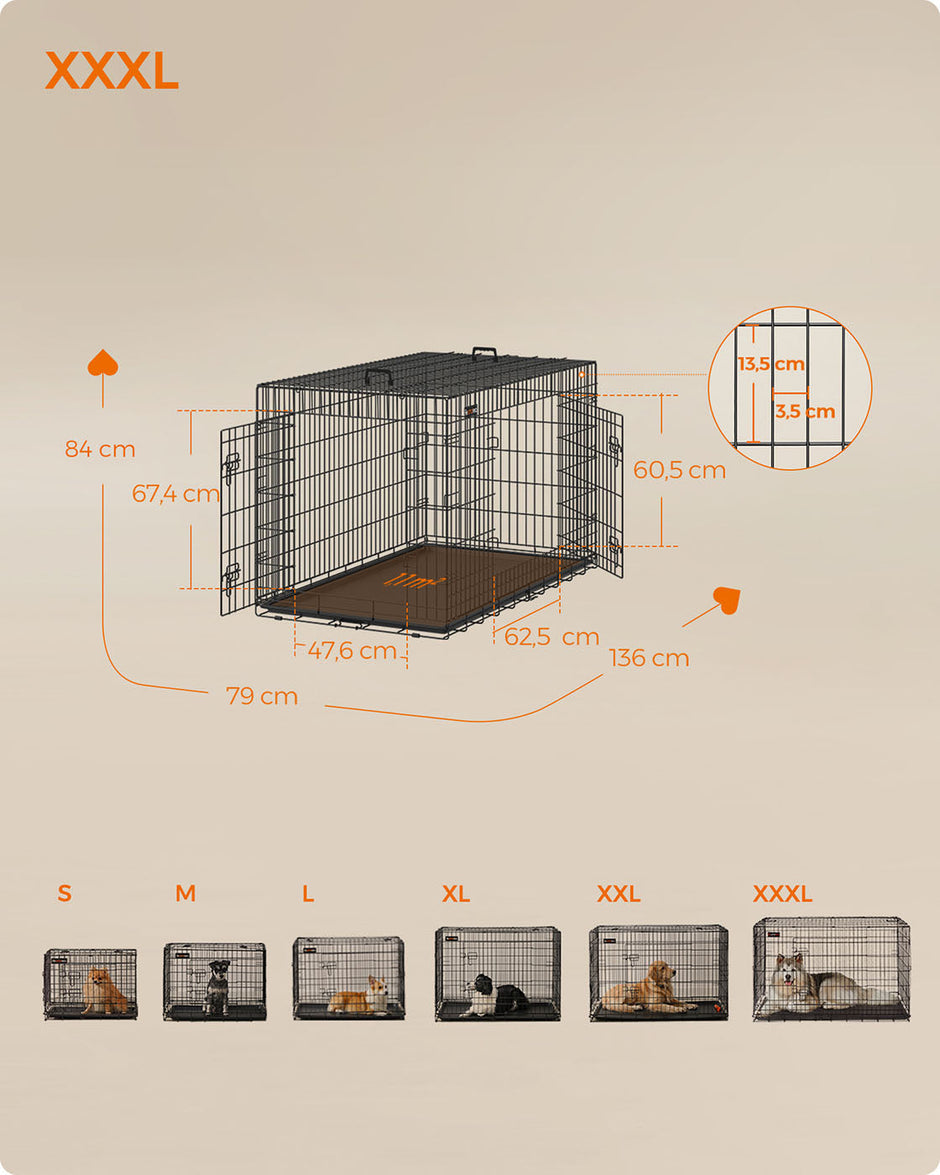 Dog Cage – Metal – Black – Folding Design with Two Doors and Removable Tray