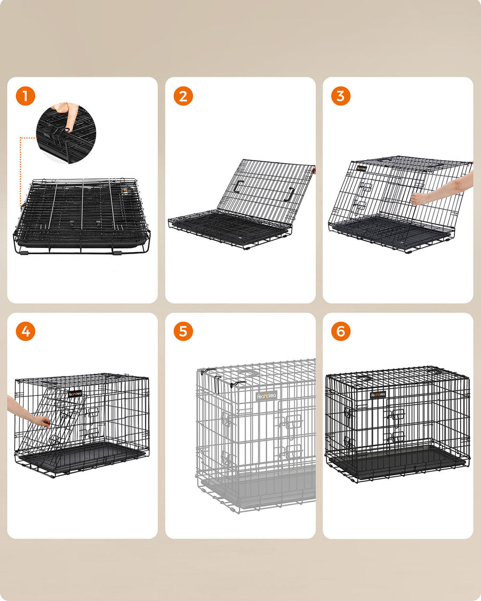 Dog Cage – Metal – Black – Folding Design with Two Doors and Removable Tray