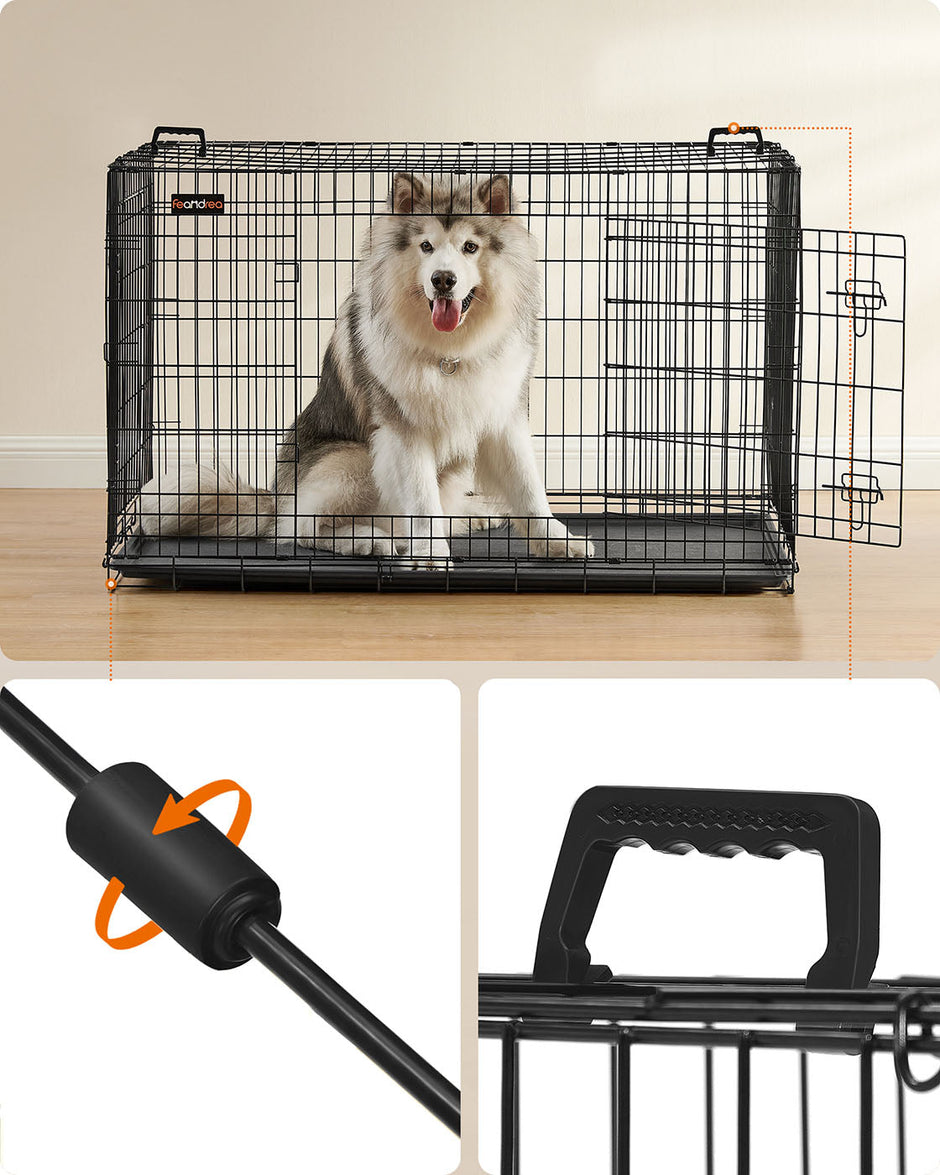 Dog Cage – Metal – Black – Folding Design with Two Doors and Removable Tray