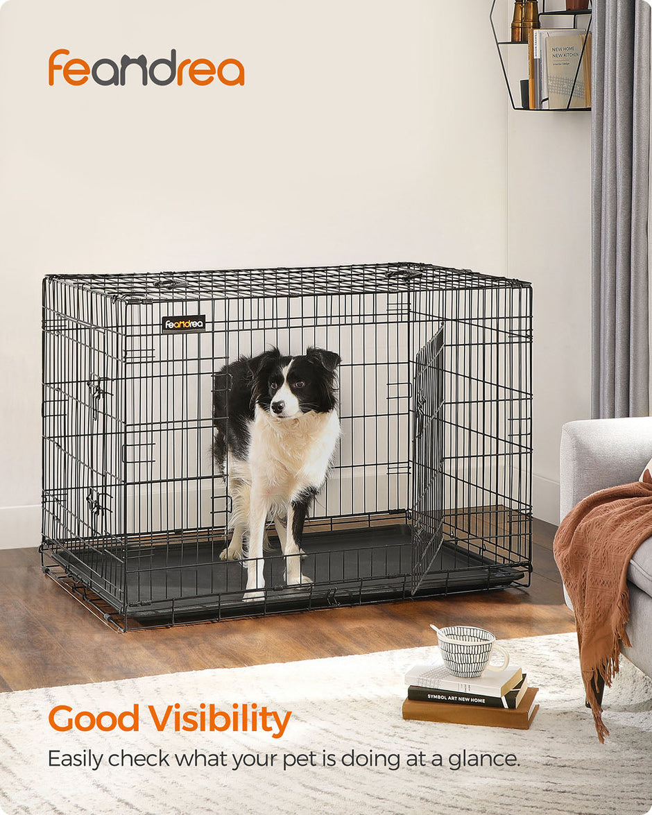 Folding Dog Crate – Metal – Black – Double Door with Tray, XXL 106 x 77.5 x 70 cm