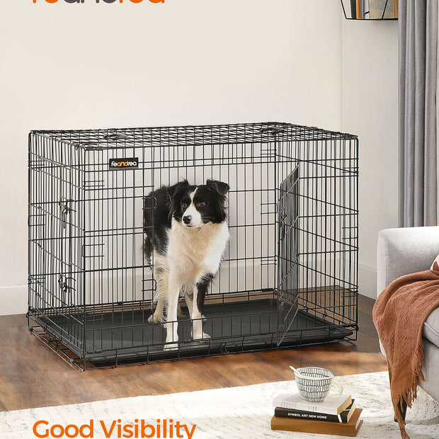 Folding Dog Crate – Metal – Black – Double Door with Tray, XXL 106 x 77.5 x 70 cm