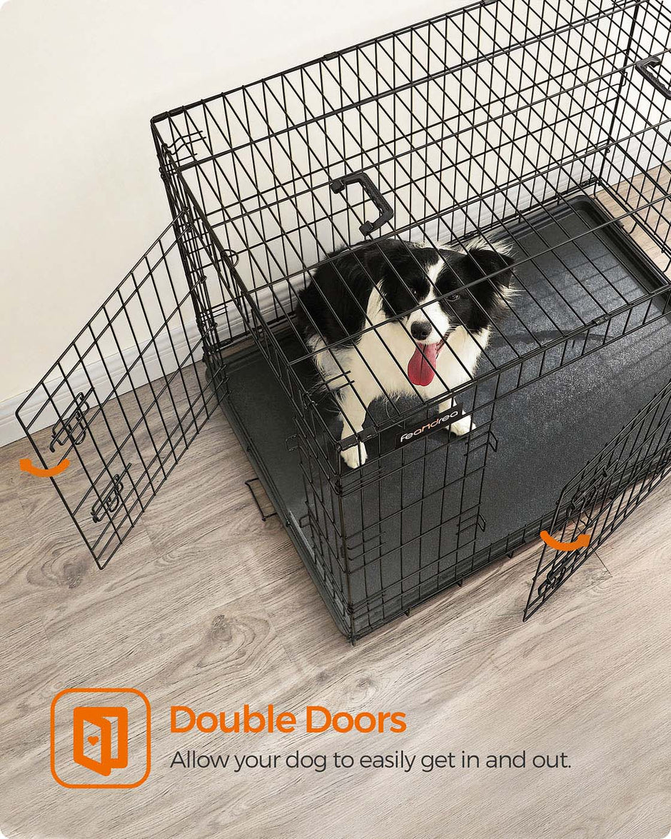 Folding Dog Crate – Metal – Black – Double Door with Tray, XXL 106 x 77.5 x 70 cm