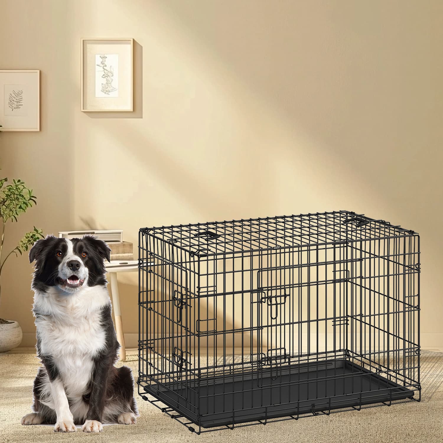 Foldable Metal Dog Crate – Black – XXL Size with Removable Tray