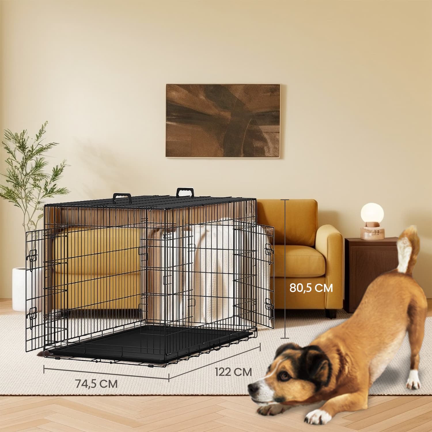 Foldable Metal Dog Crate – Black – XXL Size with Removable Tray