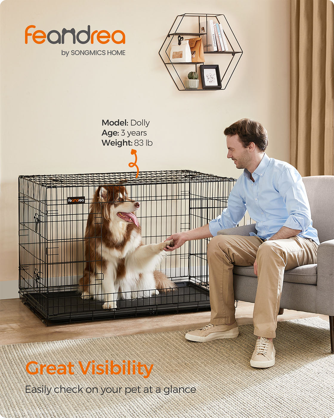 Folding Metal Dog Crate – Steel – Black – Double Door with Removable Tray, 48