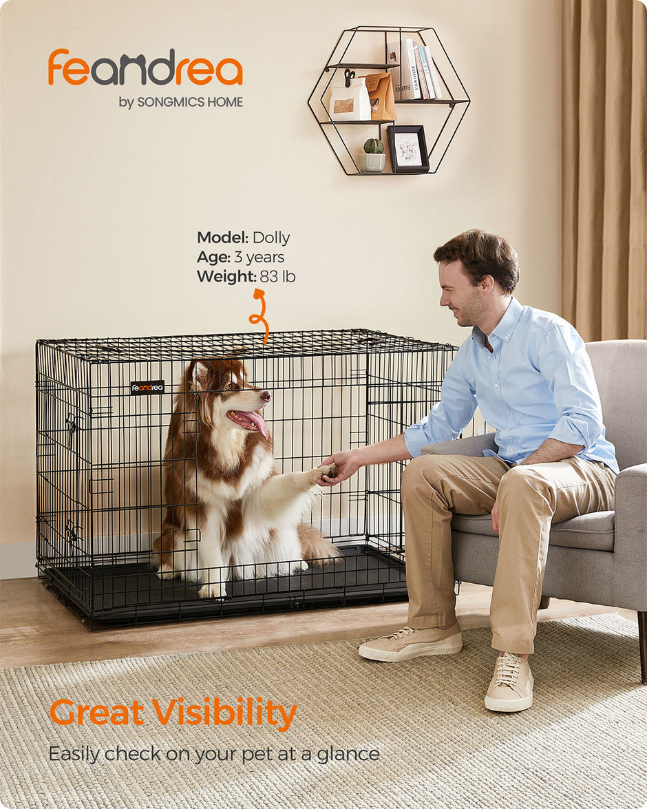 Folding Metal Dog Crate – Steel – Black – Double Door with Removable Tray, 48