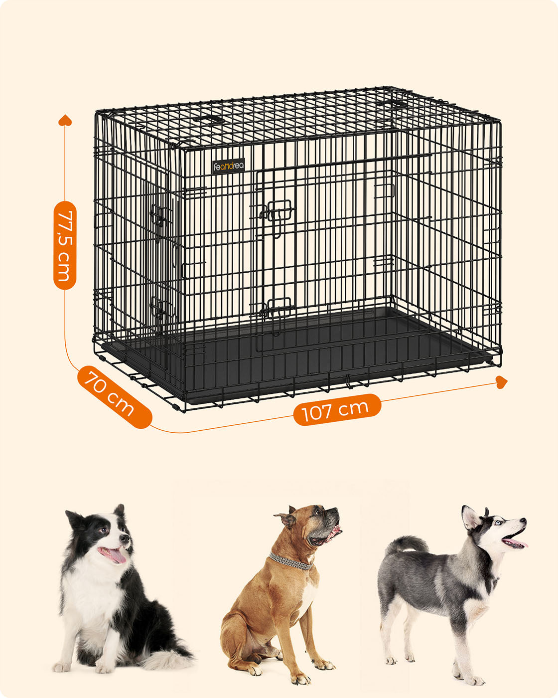 Folding Dog Crate – Metal – Black – Double Door with Tray, XXL 106 x 77.5 x 70 cm