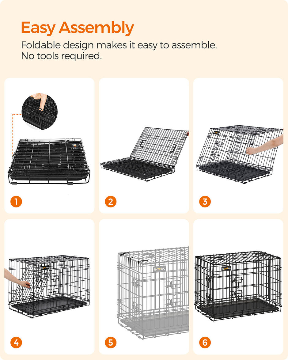 Folding Dog Crate – Metal – Black – Double Door with Tray, XXL 106 x 77.5 x 70 cm