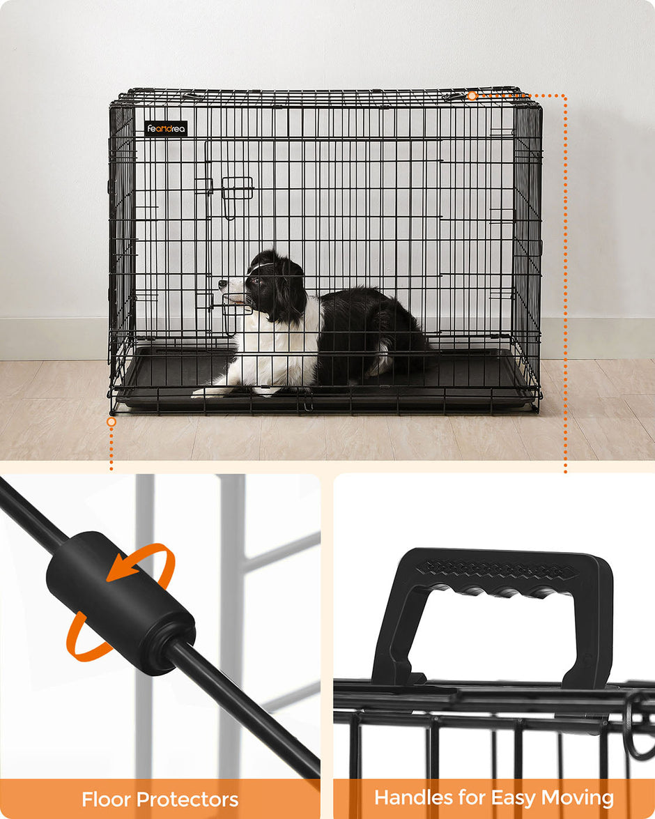 Folding Dog Crate – Metal – Black – Double Door with Tray, XXL 106 x 77.5 x 70 cm