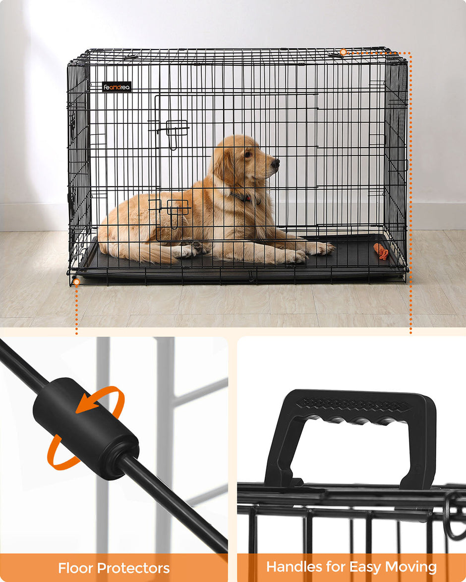 Folding Metal Dog Crate – Steel – Black – Double Door with Removable Tray, 48