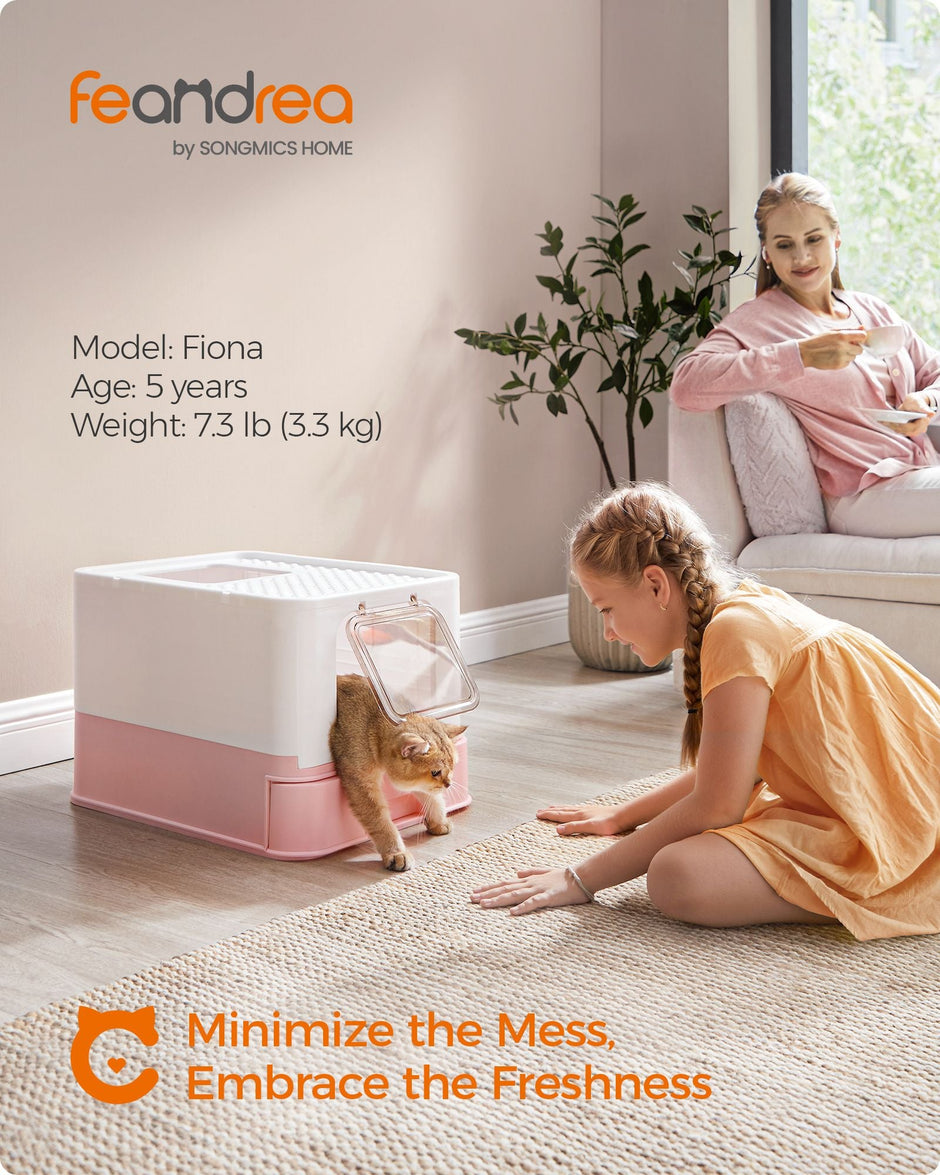 Hidden Cat Litter Box – Wood – Jelly Pink and White – Spacious with Slide-Out Tray and Hood