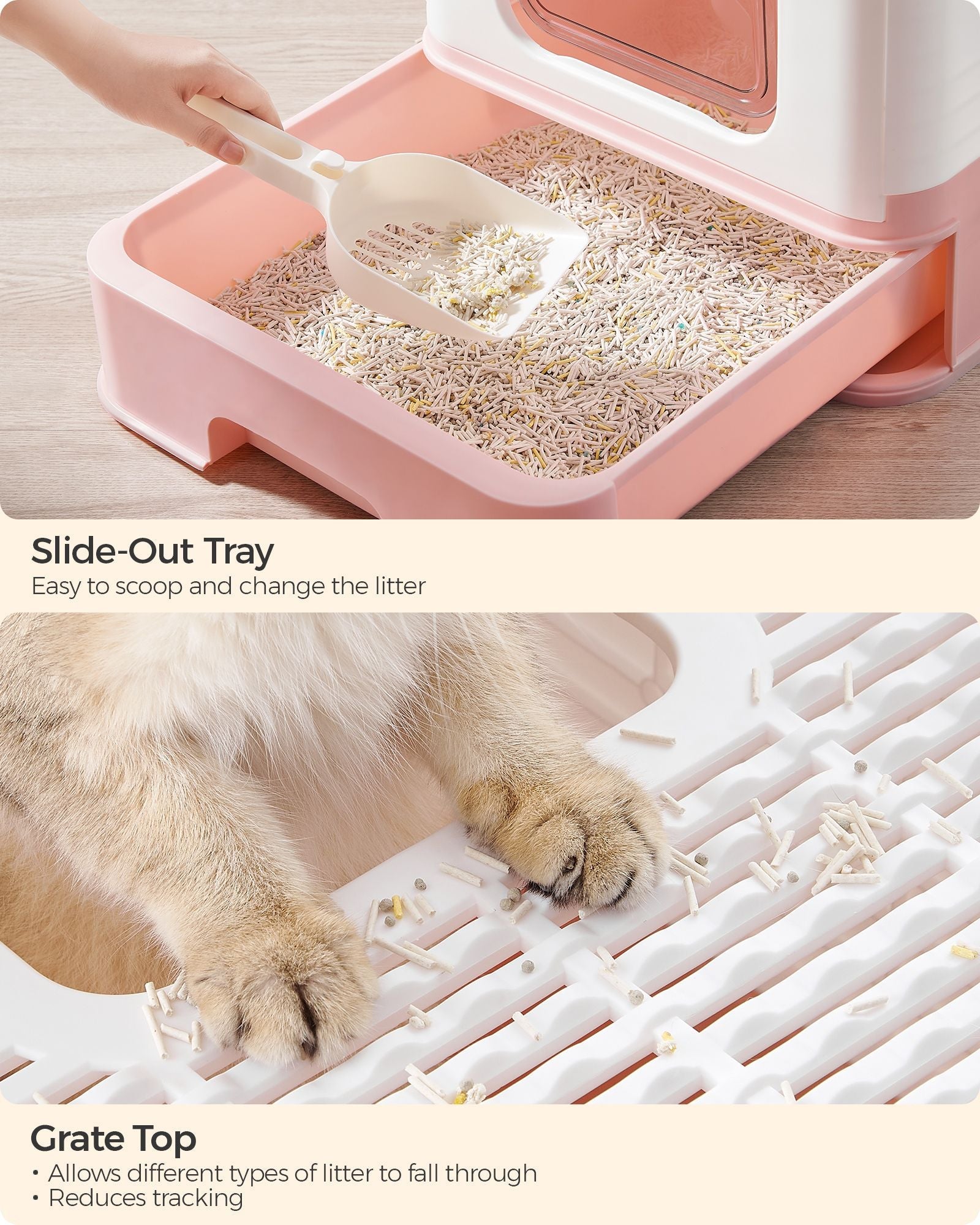 Hidden Cat Litter Box – Wood – Jelly Pink and White – Spacious with Slide-Out Tray and Hood