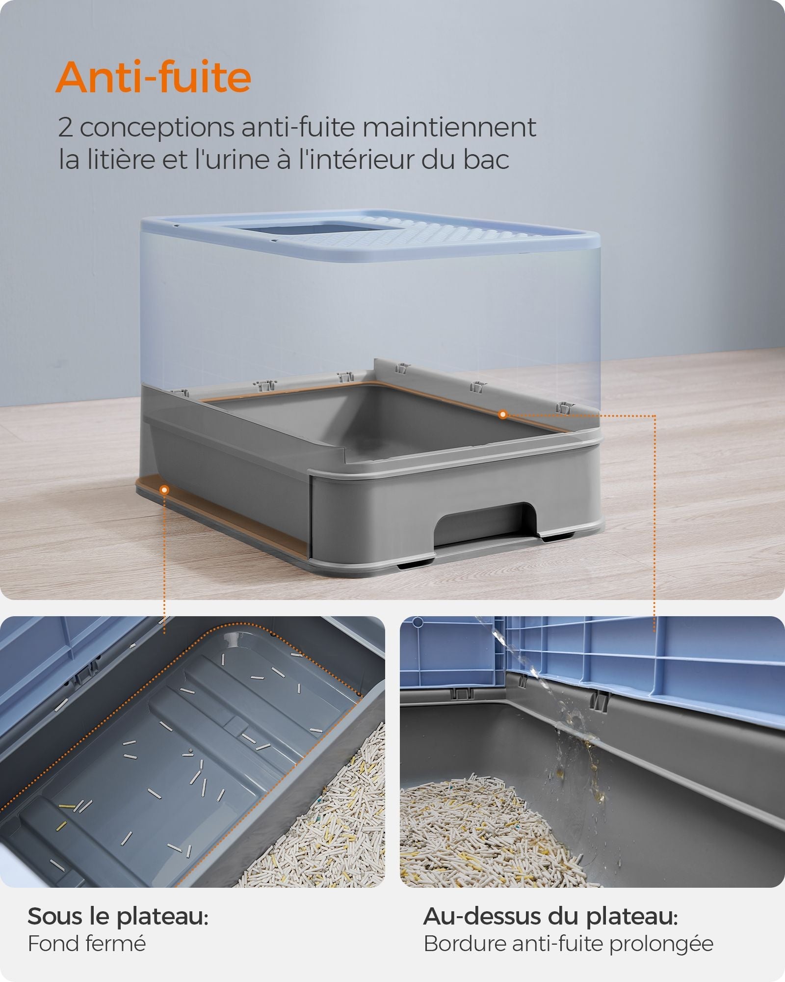 Hidden Cat Litter Box – MDF – Pale Blue and Grey – Spacious with Slide-Out Tray and Hood