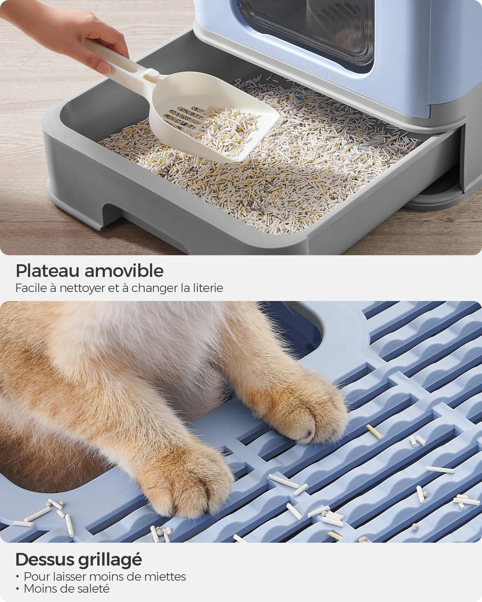 Hidden Cat Litter Box – MDF – Pale Blue and Grey – Spacious with Slide-Out Tray and Hood