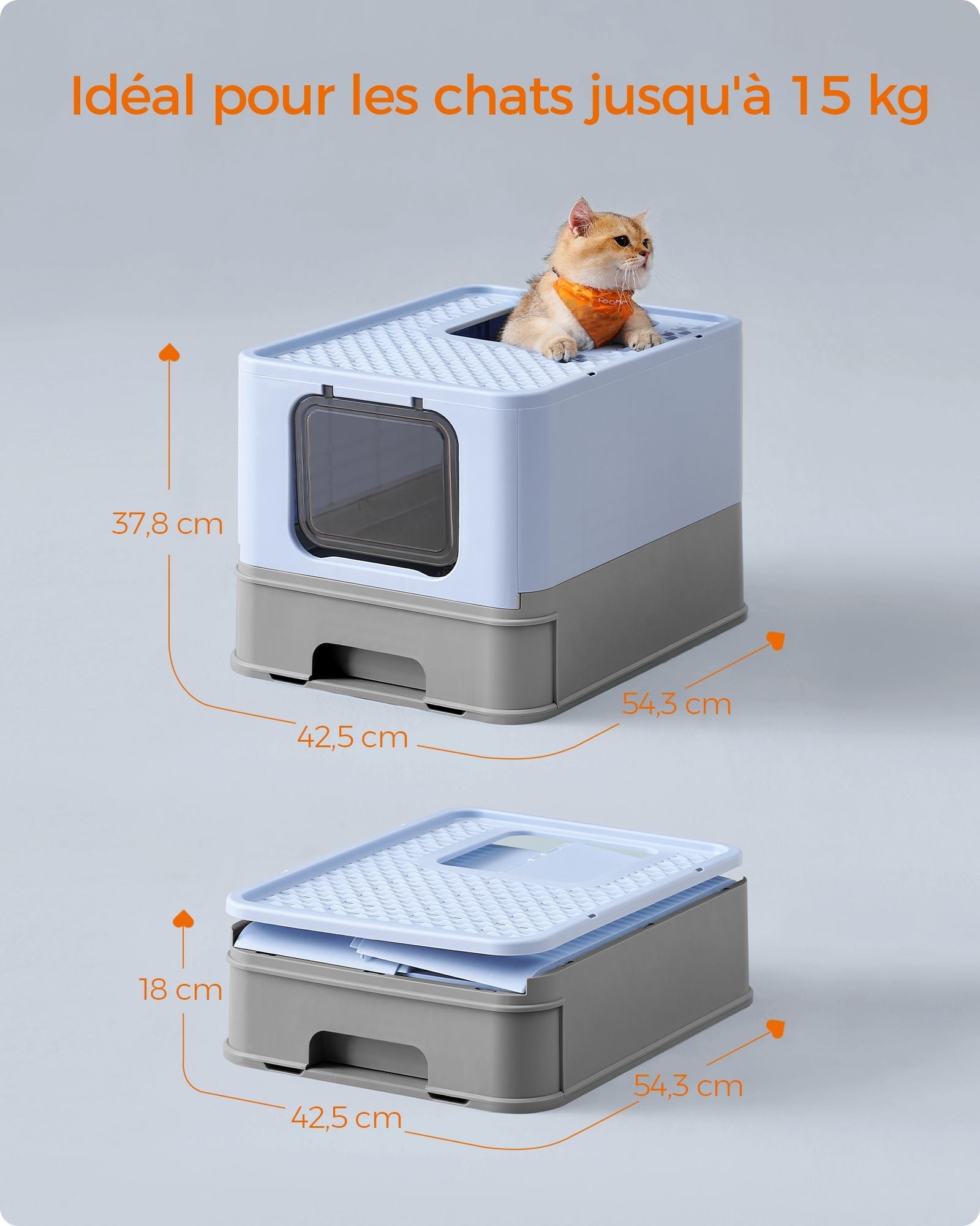 Hidden Cat Litter Box – MDF – Pale Blue and Grey – Spacious with Slide-Out Tray and Hood