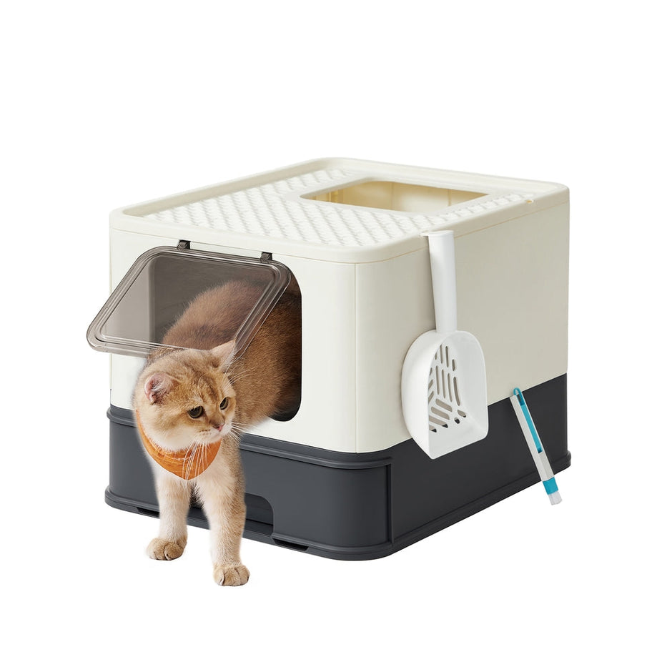 Large Cat Litter Tray – Plastic – Hidden Design – Slide-Out Tray with Scoop and Brush, Anti-Tracking and Anti-Leaking