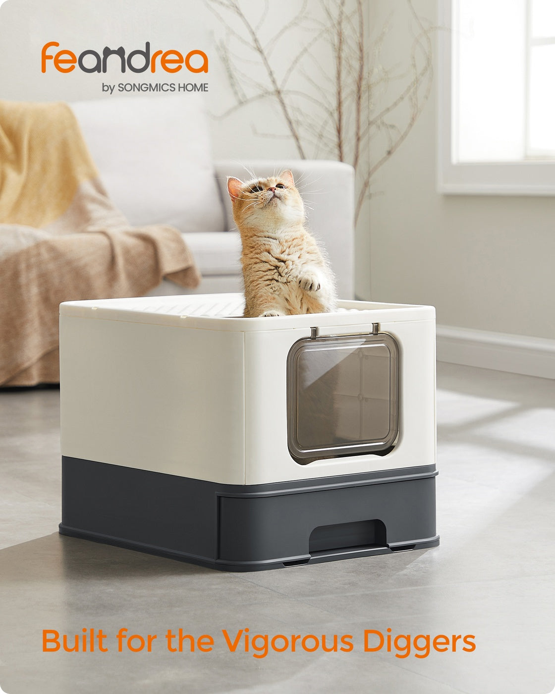 Large Cat Litter Tray – Plastic – Hidden Design – Slide-Out Tray with Scoop and Brush, Anti-Tracking and Anti-Leaking