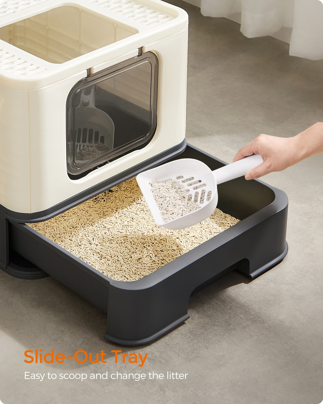 Large Cat Litter Tray – Plastic – Hidden Design – Slide-Out Tray with Scoop and Brush, Anti-Tracking and Anti-Leaking