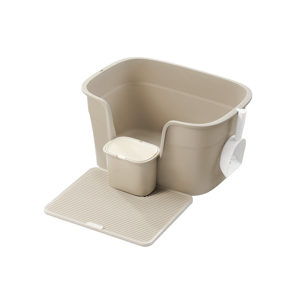 Extra Large Cat Litter Box – Plastic – Cappuccino Beige – Includes Litter Catcher Board and Storage Box