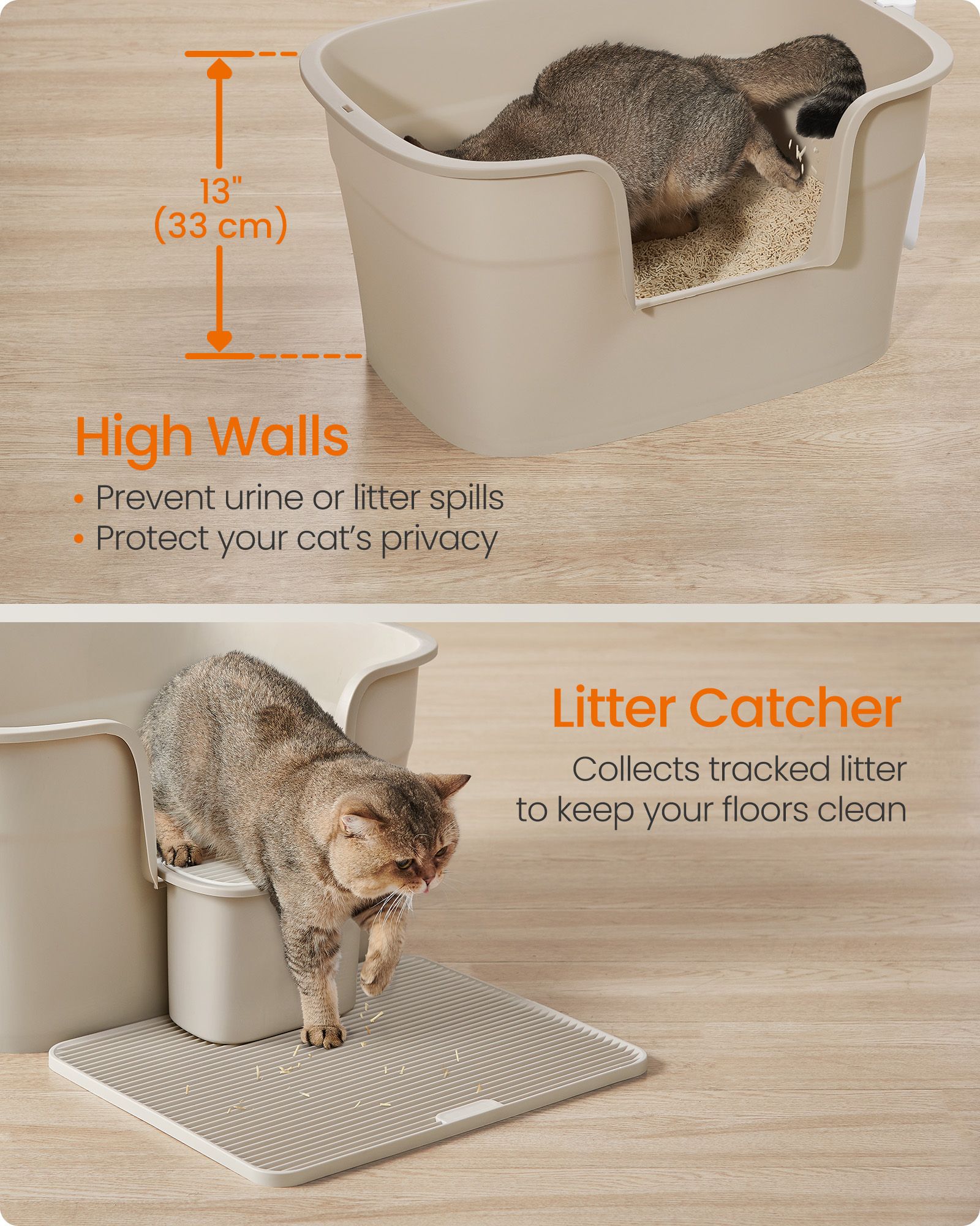 Extra Large Cat Litter Box – Plastic – Cappuccino Beige – Includes Litter Catcher Board and Storage Box