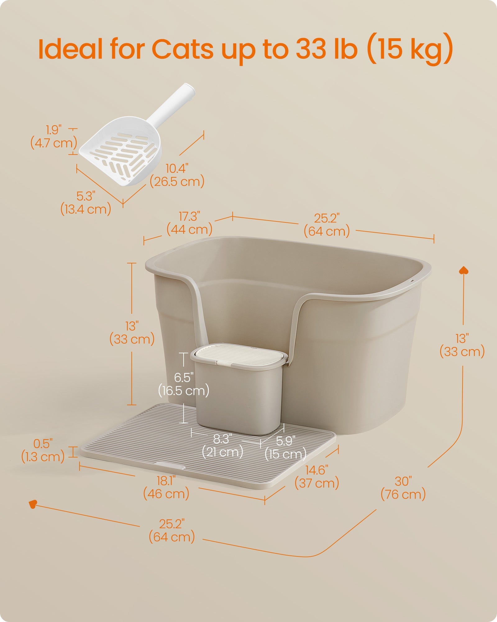 Extra Large Cat Litter Box – Plastic – Cappuccino Beige – Includes Litter Catcher Board and Storage Box