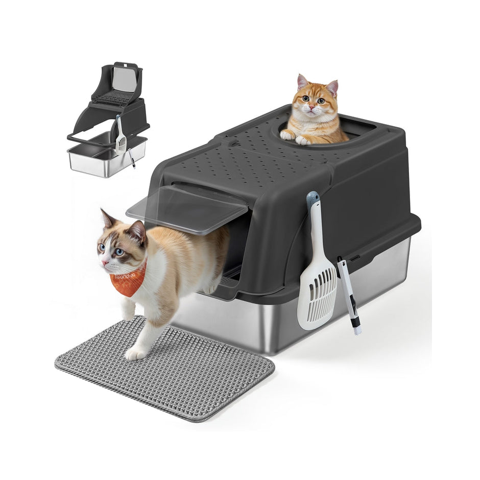 Enclosed Cat Litter Box – Stainless Steel – Dove Grey – XL Leak-Proof Design with Flip Lid and Scoop