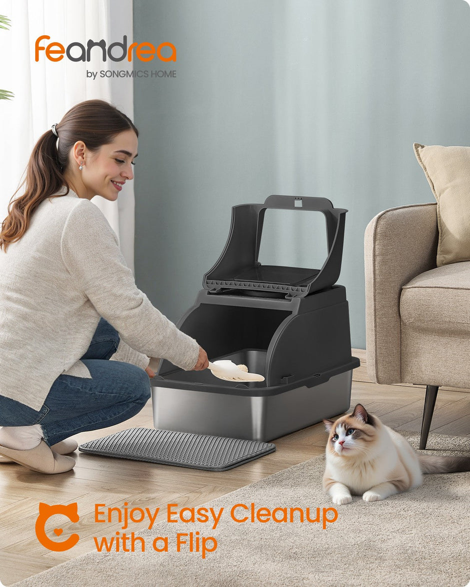 Enclosed Cat Litter Box – Stainless Steel – Dove Grey – XL Leak-Proof Design with Flip Lid and Scoop